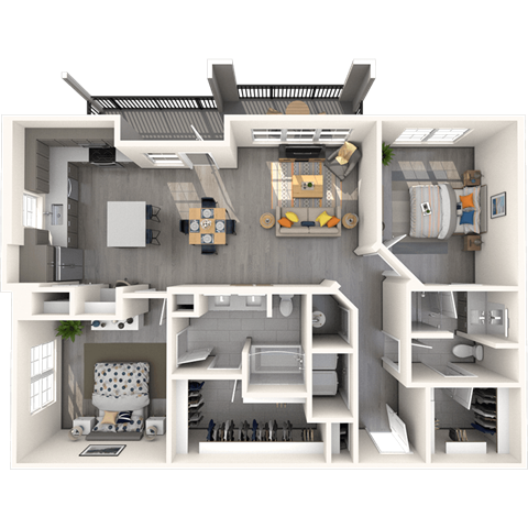 Floor plan for 2 beds, 2 baths, 1255 sqft